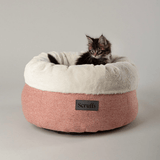 Scruffs Seattle Deep Cat Bed in a Coral pink, and white plush colour scheme. There is a small multi coloured, Kitten inside 