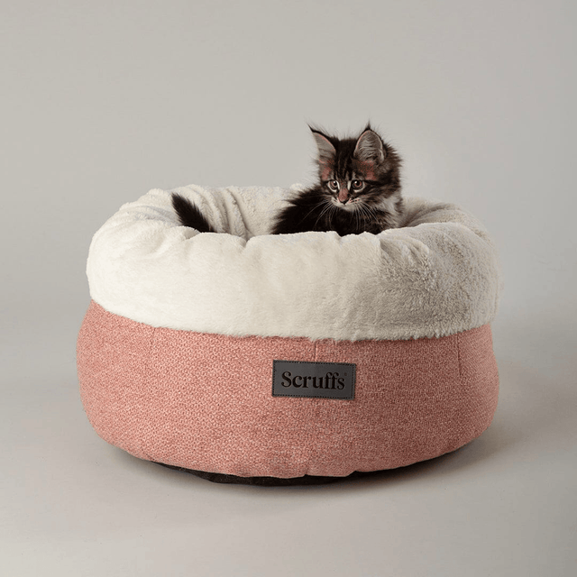 Scruffs Seattle Deep Cat Bed in a Coral pink, and white plush colour scheme. There is a small multi coloured, Kitten inside 