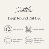 Product description of the Seattle Deep Round Cat Bed with features listed.