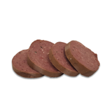 Slices of lamb paté product on a white background