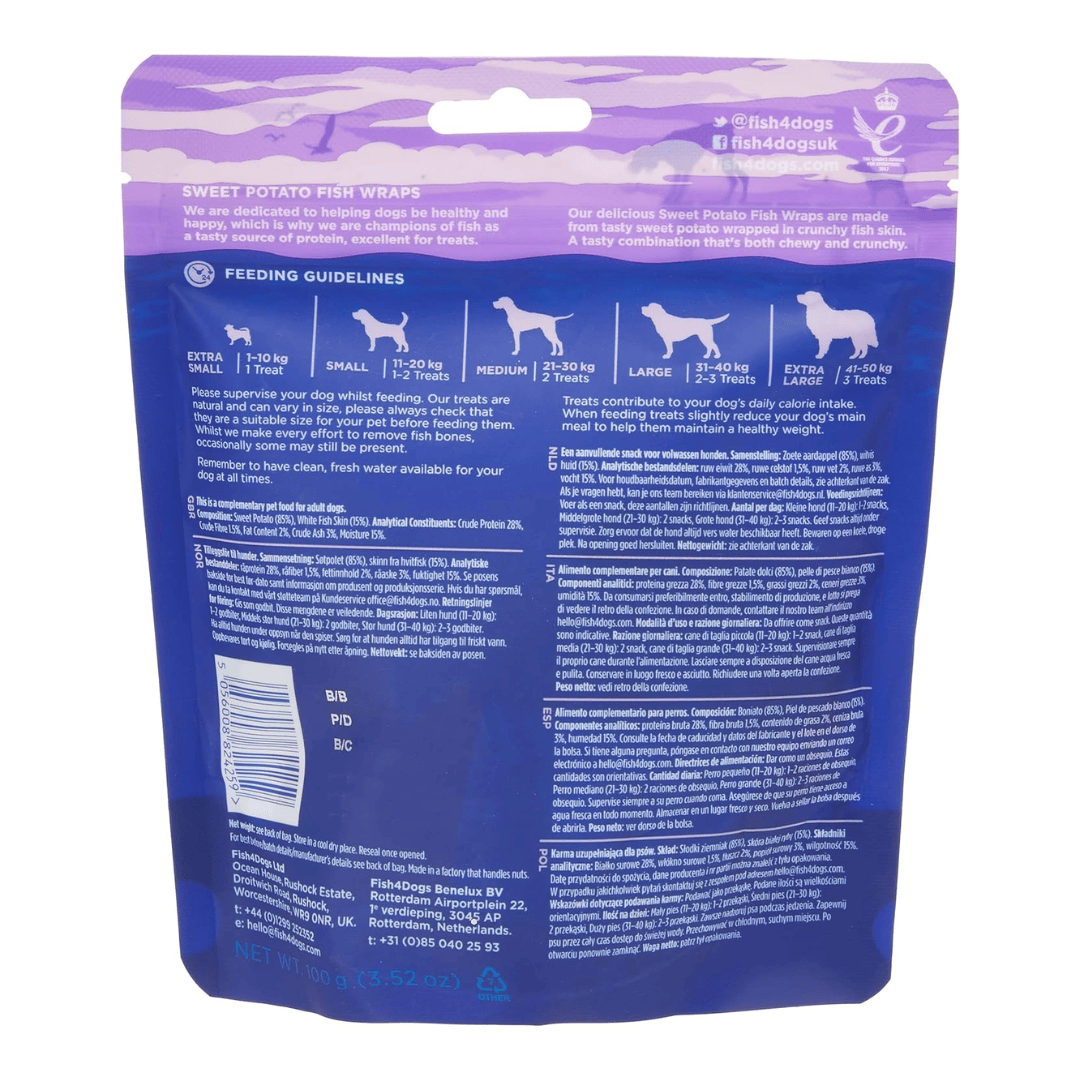 Back view of Fish 4 Dogs Sweet Potato Fish Wraps package with text and illustrations on a white background