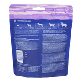 Back view of Fish 4 Dogs Sweet Potato Fish Wraps package with text and illustrations on a white background