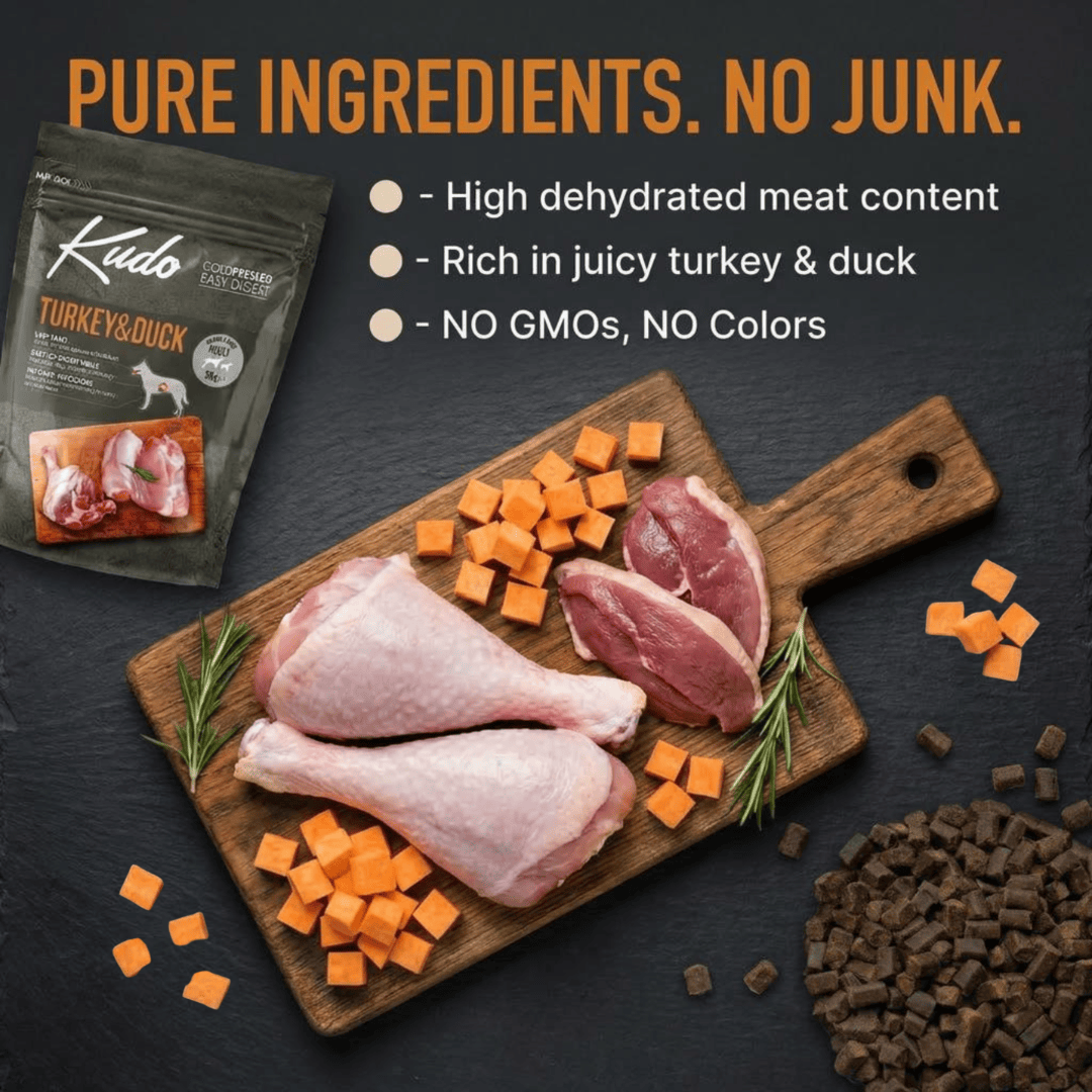 Kudo Turkey & Duck pet food package with raw meat and carrots on a cutting board, emphasizing pure ingredients.