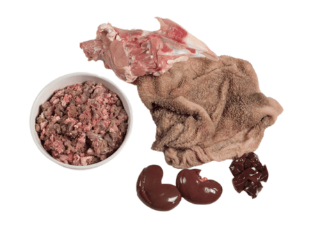 Raw ingredients of Paleo Ridge Classic Range Lamb Tripe and Chicken