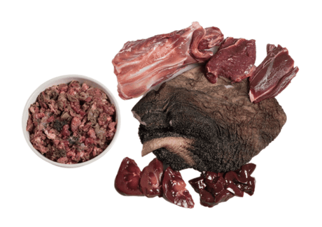 The raw ingredients of Paleo Ridge Classic Range Venison, Beef Tripe and Duck