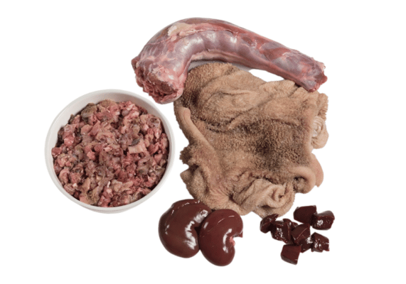 Raw ingredients in the Paleo Ridge Classic Range Lamb Tripe and Turkey Raw Dog Food.