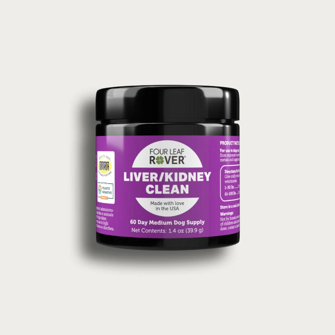 Four Leaf Rover - Liver & Kidney Clean - Natural Detox Support for Dogs 39.9g. Packaging is against a white background.