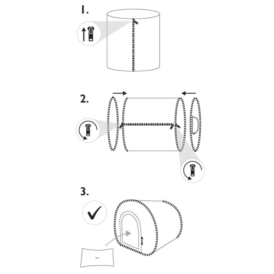 Step-by-step diagram showing how to assemble a product with arrows and icons.