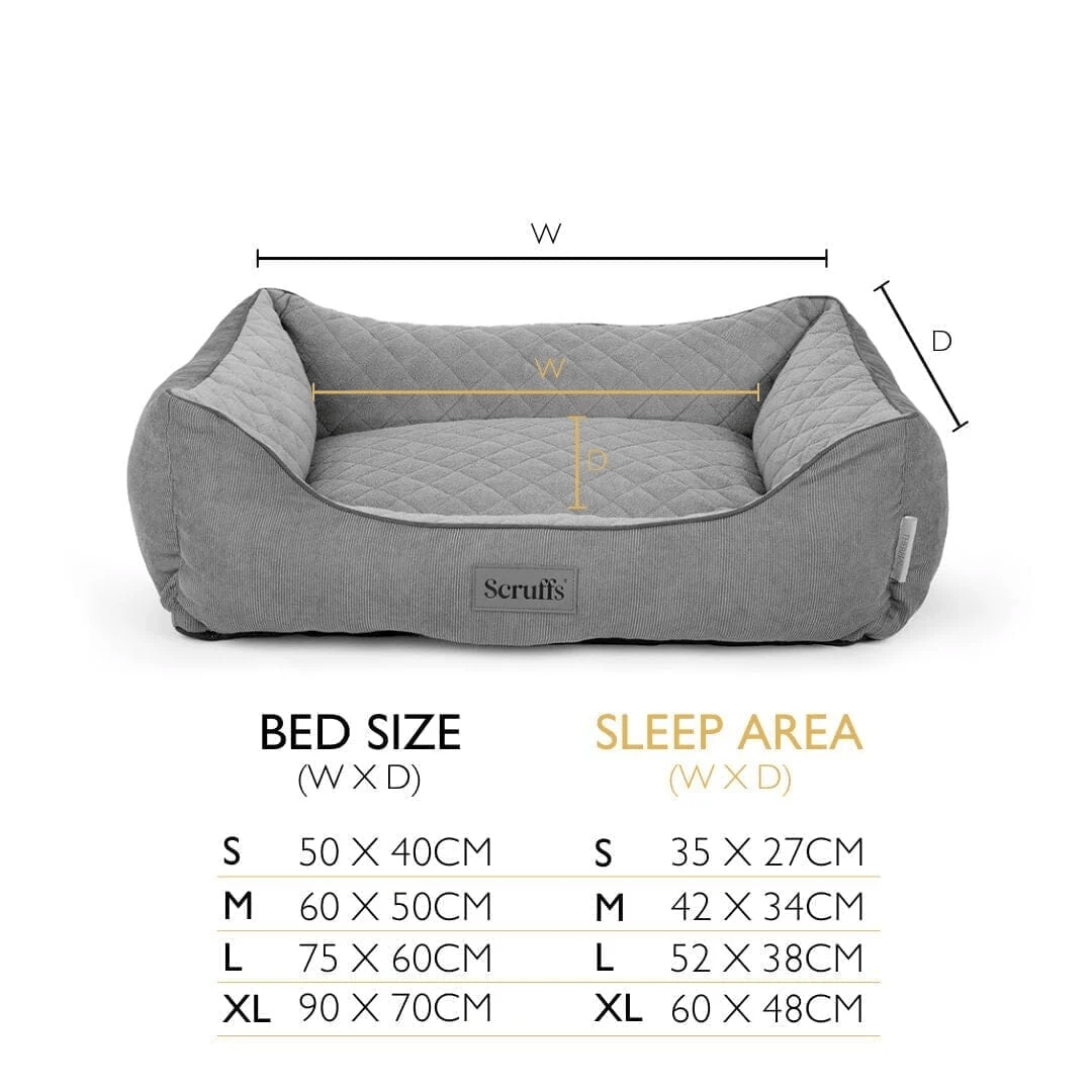 Gray pet bed with dimensions and Scruffs logo on a white background
