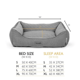 Gray pet bed with dimensions and Scruffs logo on a white background