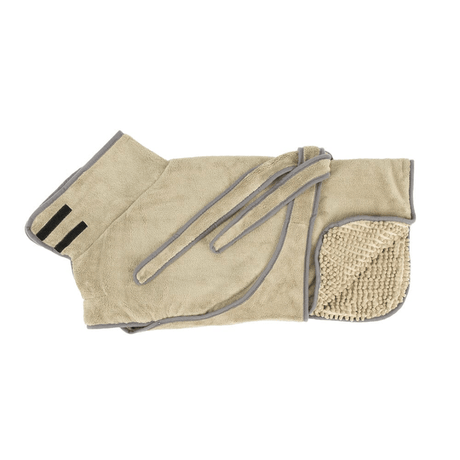 Scruffs Expedition Microfibre Dog Drying Coat in khaki green with gray trim and textured pocket on a white background