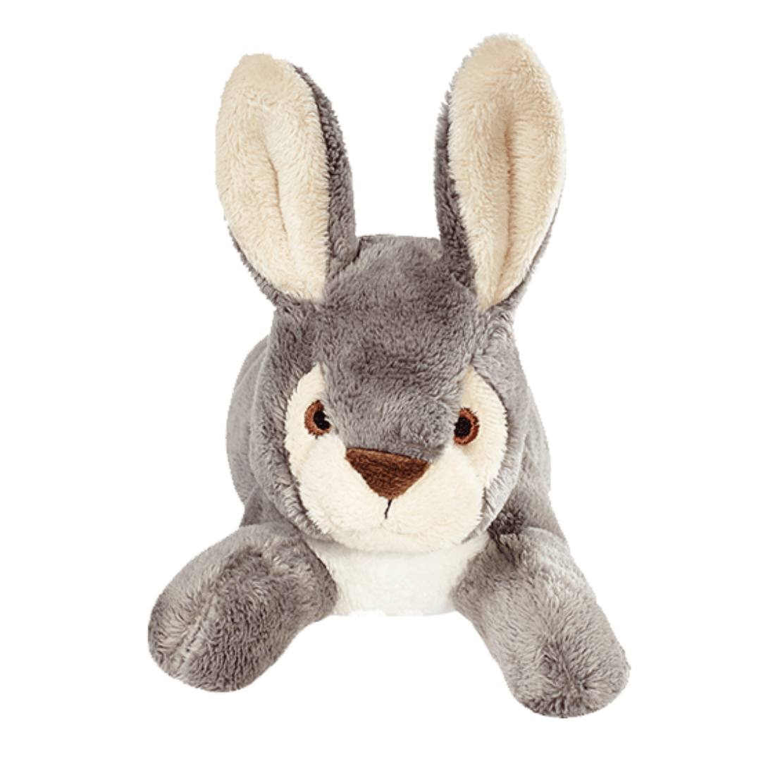 Plush toy Jessica rabbit with grey body, white face, and beige ears on a white background