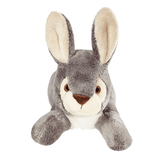 Plush toy Jessica rabbit with grey body, white face, and beige ears on a white background