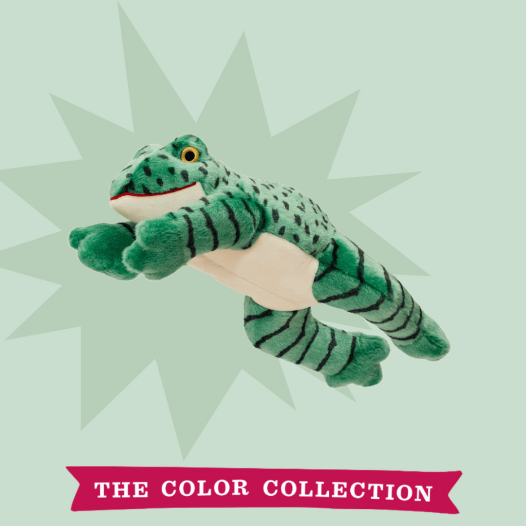 Plush frog toy on a light green background with 'The Color Collection' text.