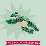 Plush frog toy on a light green background with 'The Color Collection' text.