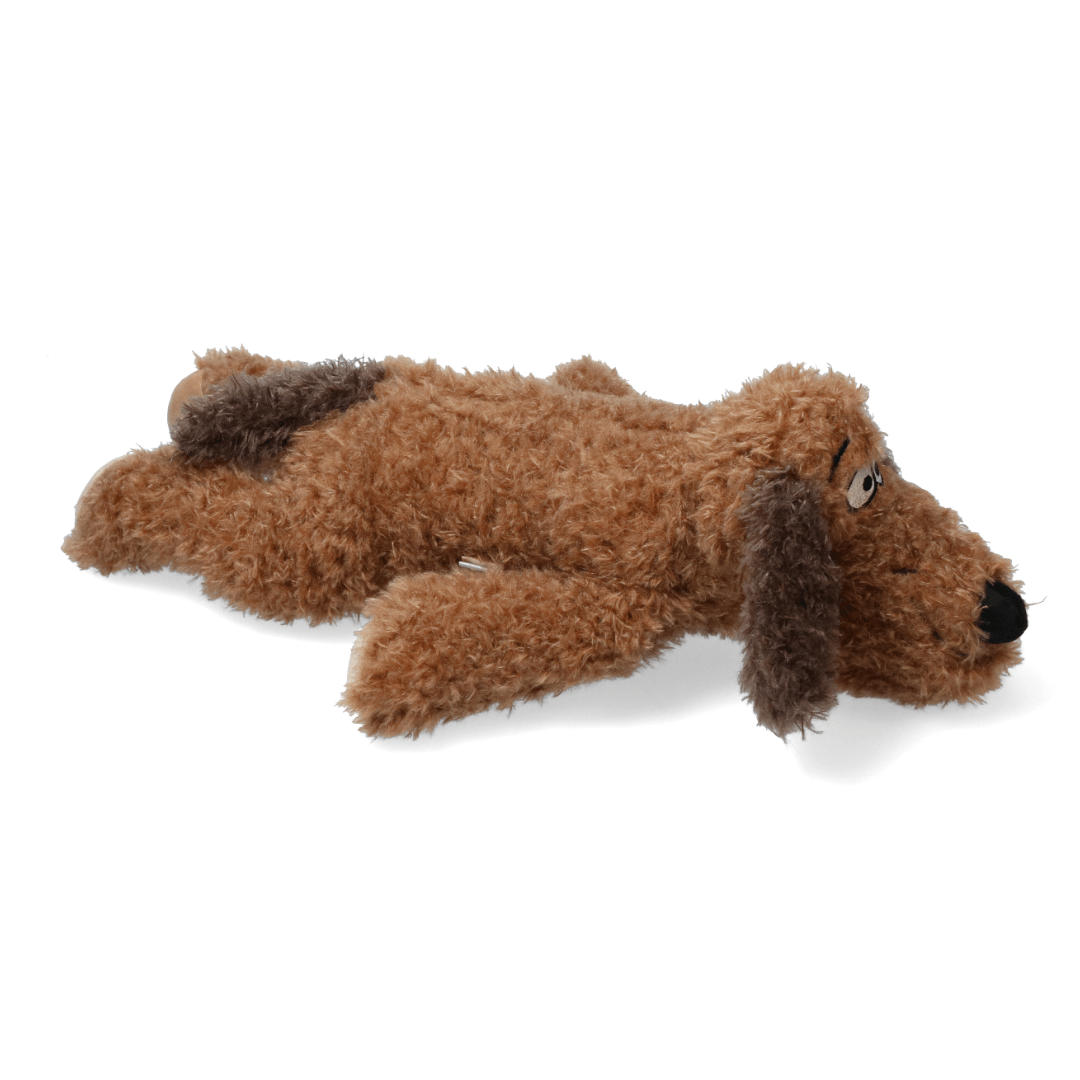 Brown plush dog toy on a white background