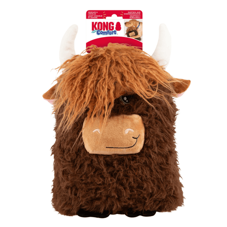 Plush Highland cow toy with horns on a white background, featuring the Kong brand.