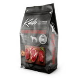 Kudo 3kg Mini dog food package with red meat and vegetables on a white background