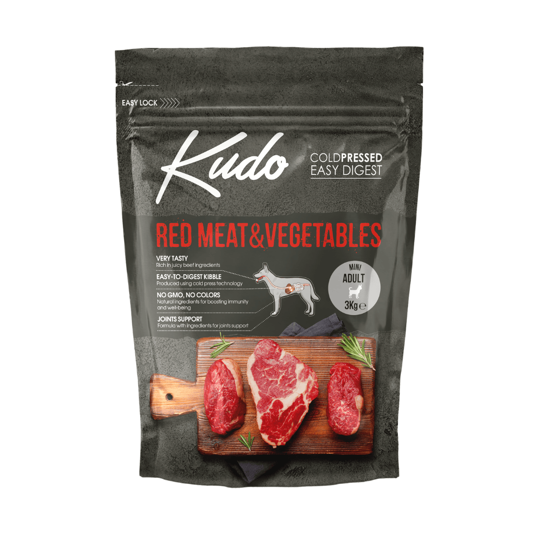 Kudo red meat and vegetables Mini 3kg pet food package on a white background
