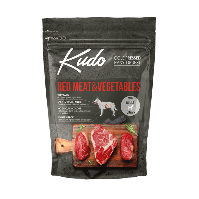 Kudo red meat and vegetables Mini 3kg pet food package on a white background