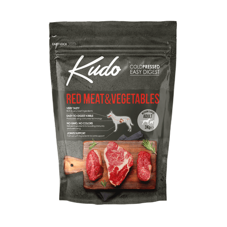 Kudo red meat and vegetables 3kg pet food package on a white background