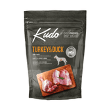 Kudo turkey and duck dog food 3kg package on a white background