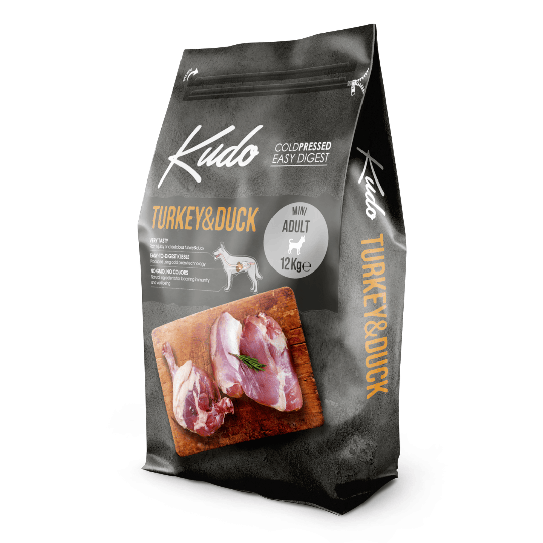 Kudo Turkey & Duck dog food 12kg package on a white background