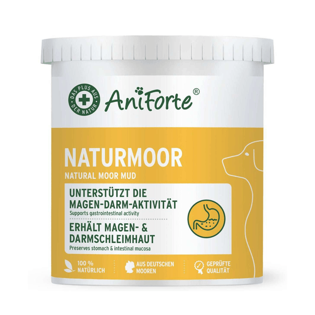 A white plastic tub of AniForte Naturmoor Natural Moor Mud pet supplement with a yellow and white label, shown on a clean white background.