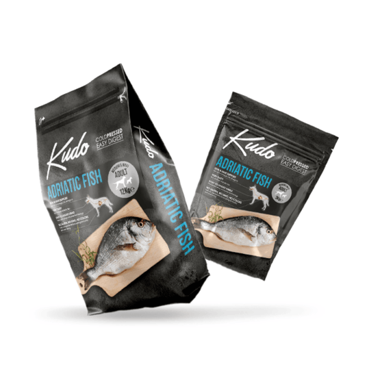 Two Kudo Adriatic Fish pet food packages on a white background