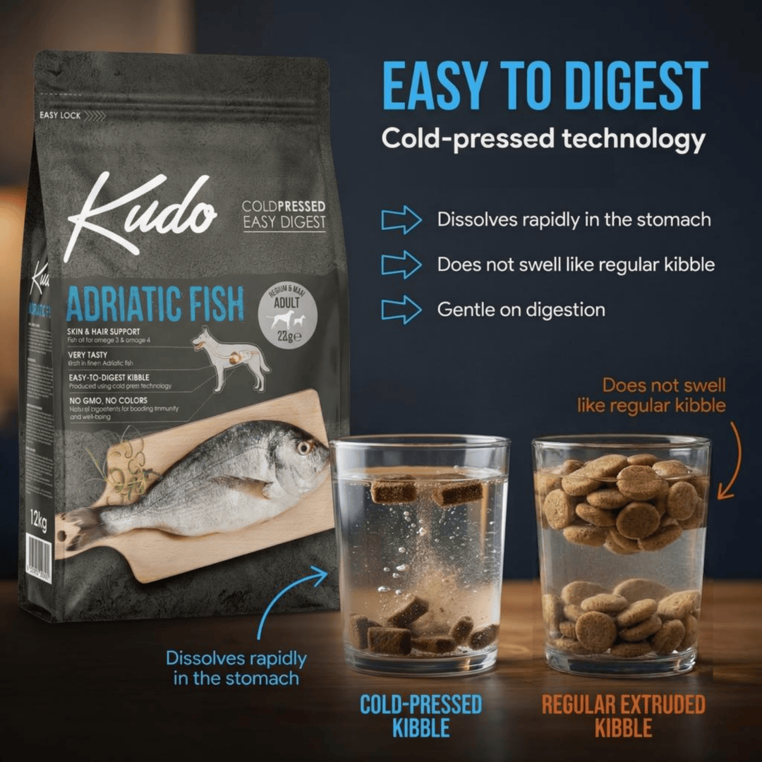Kudo Adriatic Fish dog food packaging with two glasses of water and dog food showing a comparison of cold-pressed and regular extruded kibble.