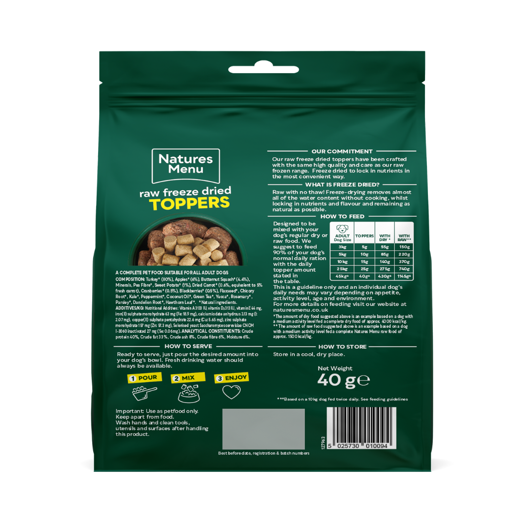 The back of the Natures Menu Raw Freeze Dried Turkey Toppers 40g bag