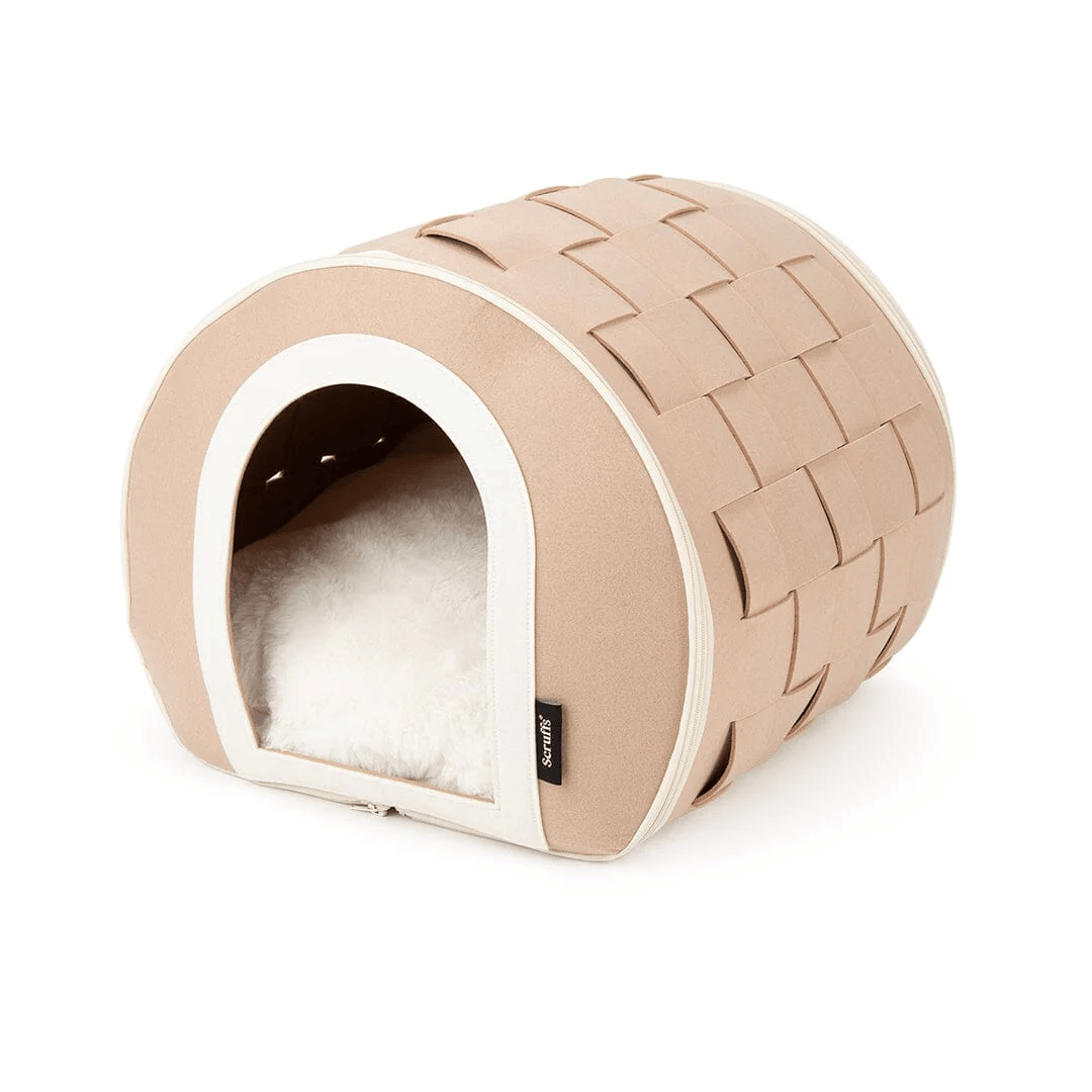 Beige Stockholm Cat Cave pet bed with a textured surface on a white background