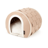 Beige Stockholm Cat Cave pet bed with a textured surface on a white background