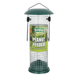 Supa peanut feeder with green lid and cylindrical mesh body on a white background