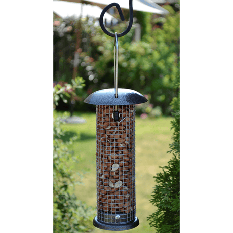 Bird feeder hanging outdoors with a garden background