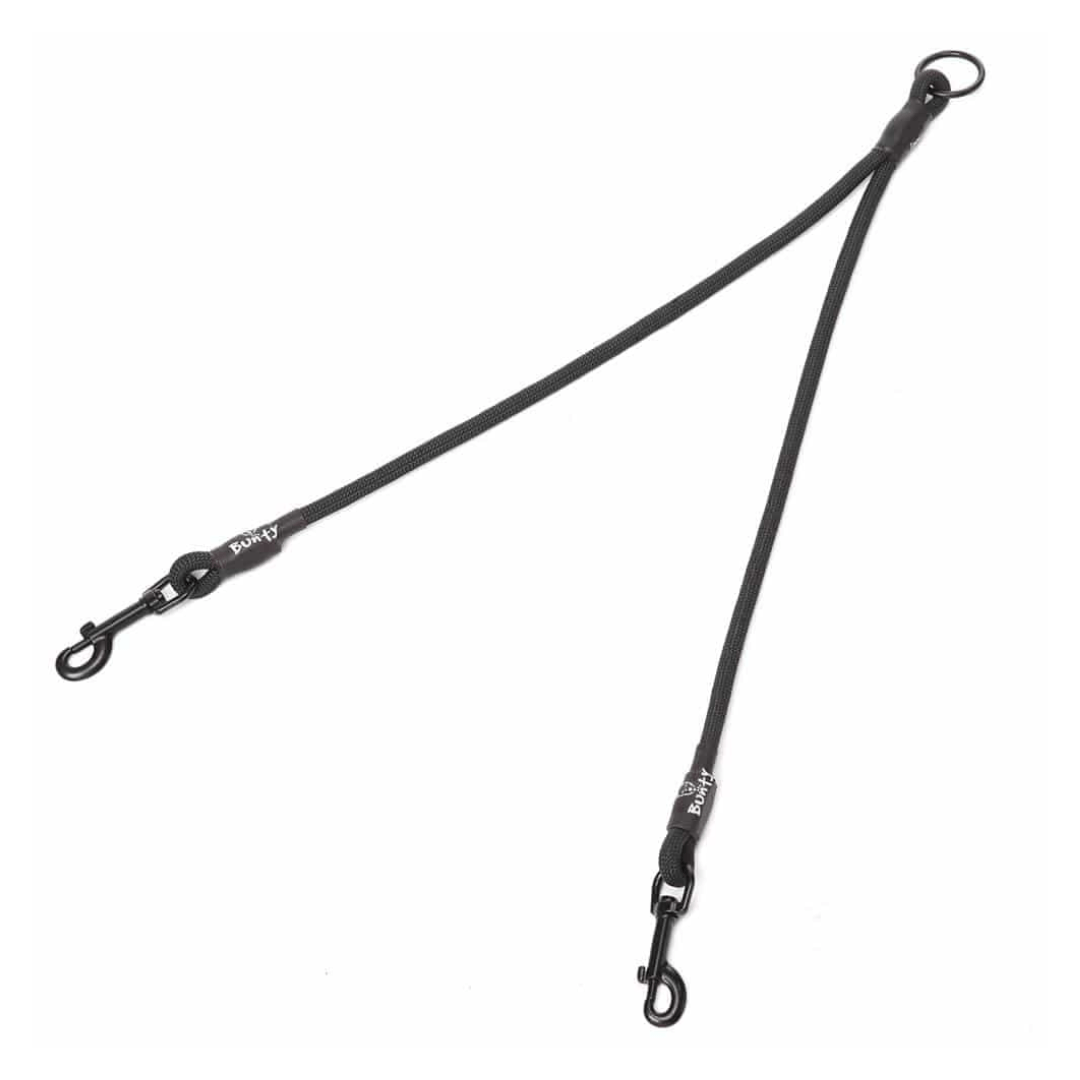 Black dog leash splitter with carabiners on a white background