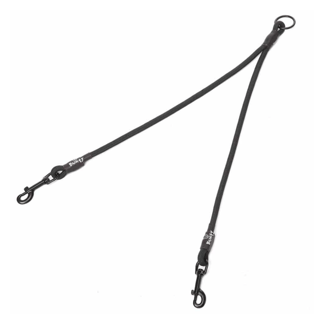 Black dog leash splitter with carabiners on a white background