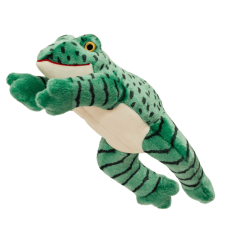 Oliver Frog Plush Dog toy against a white background