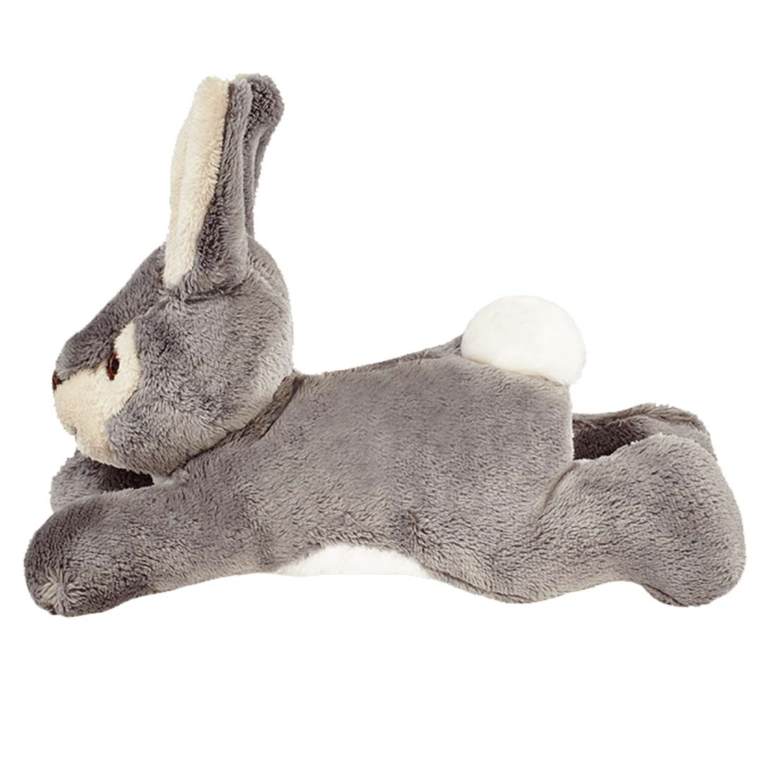 Grey plush Jessica bunny toy on a white background