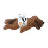 Brown plush dog toy with a packaging label on a white background