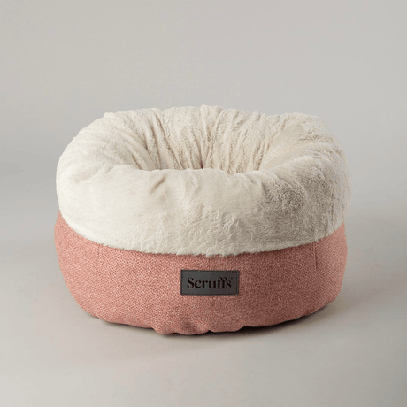 Scruffs Seattle Sanctuary Deep Round Cat Bed in coral pink against a while background