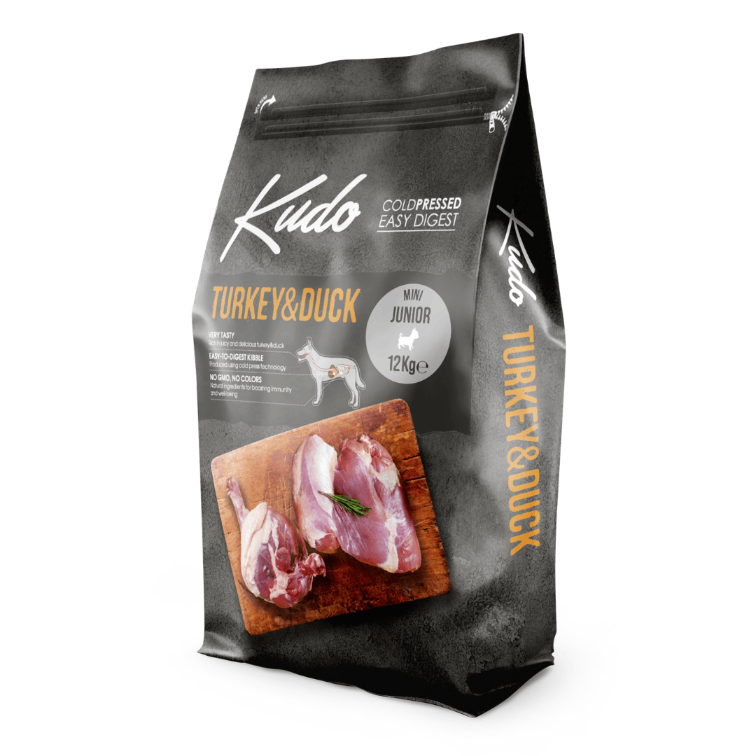 Kudo Turkey & Duck 12kg dog food package on a white background