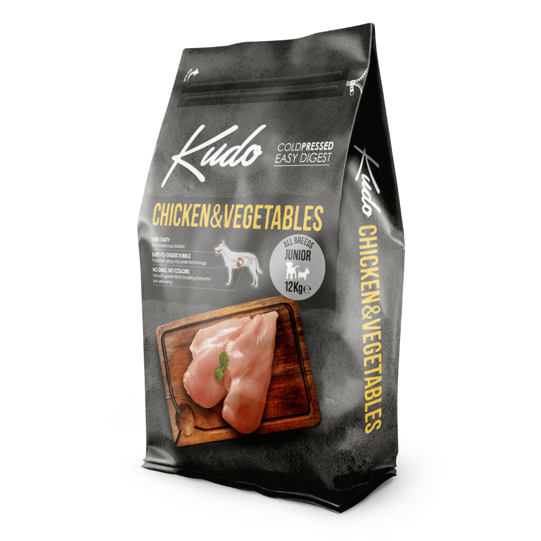 Kudo Chicken & Vegetables 12kg Junior food package on a white background