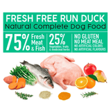 Arquivet fresh free run duck dog food with ingredients and health benefits on a white background.