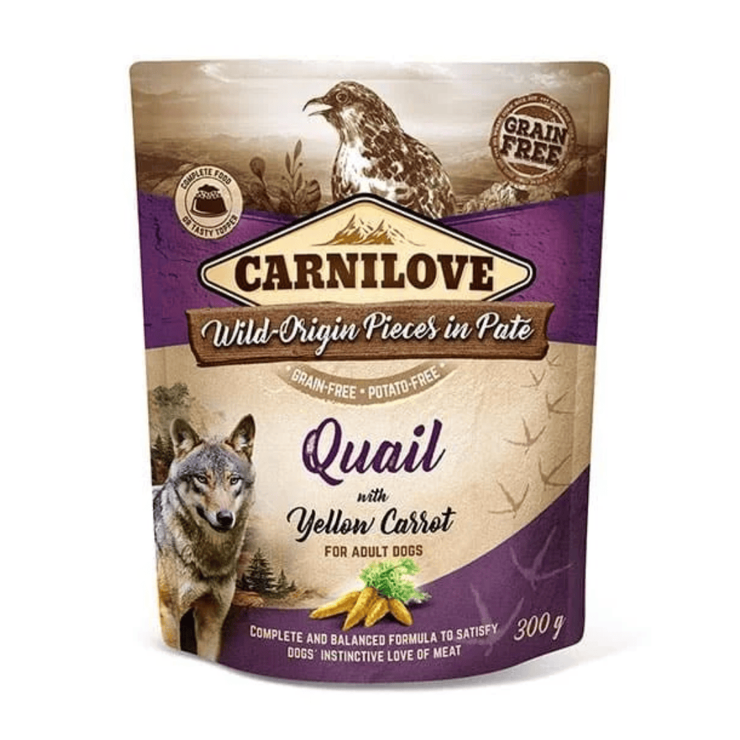 CarniLove dog food package with quail and yellow carrot on a white background