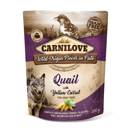CarniLove dog food package with quail and yellow carrot on a white background
