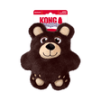 A brown plush Kong Snuzzles bear dog toy with beige facial features and paws, attached to a red and white KONG brand hang card, on a plain white background.
