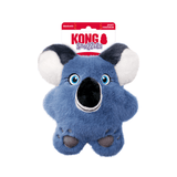 Kong Snuggles blue koala dog toy in its original retail packaging, featuring a blue plush koala with white ears, a black nose, and blue eyes.