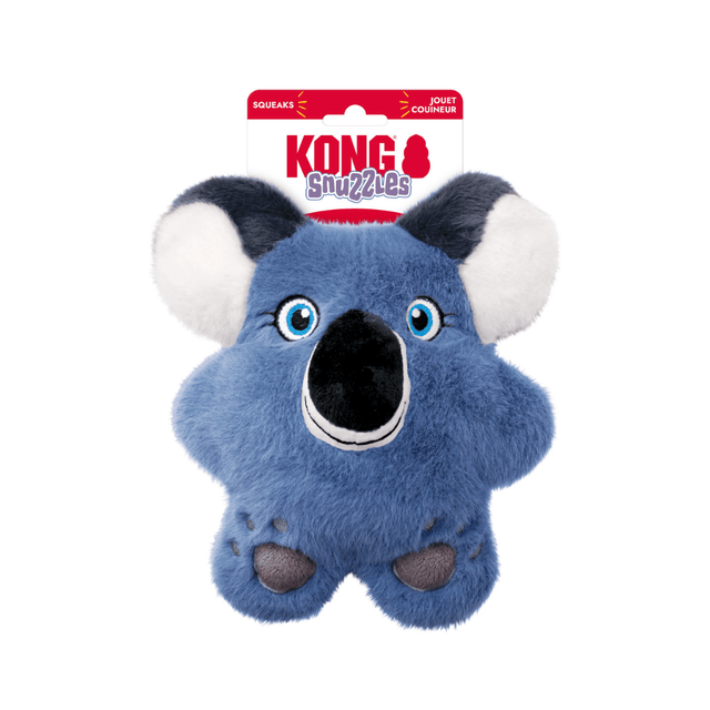 Kong Snuggles blue koala dog toy in its original retail packaging, featuring a blue plush koala with white ears, a black nose, and blue eyes.