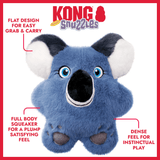 Kong and Snuggles blue koala plush toy with white inner ears, blue eyes, and a black snout, shown on a white background with red border and feature callout text.